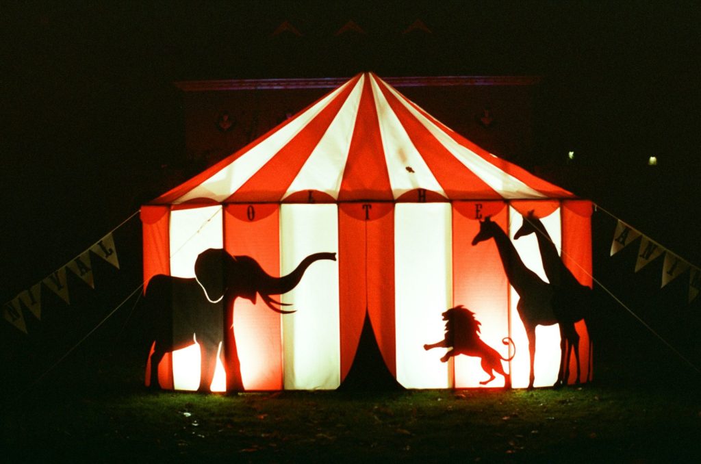 Circus tent with animal silhouettes at night