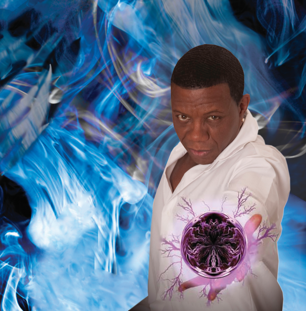 setting with stained glass backdrop.